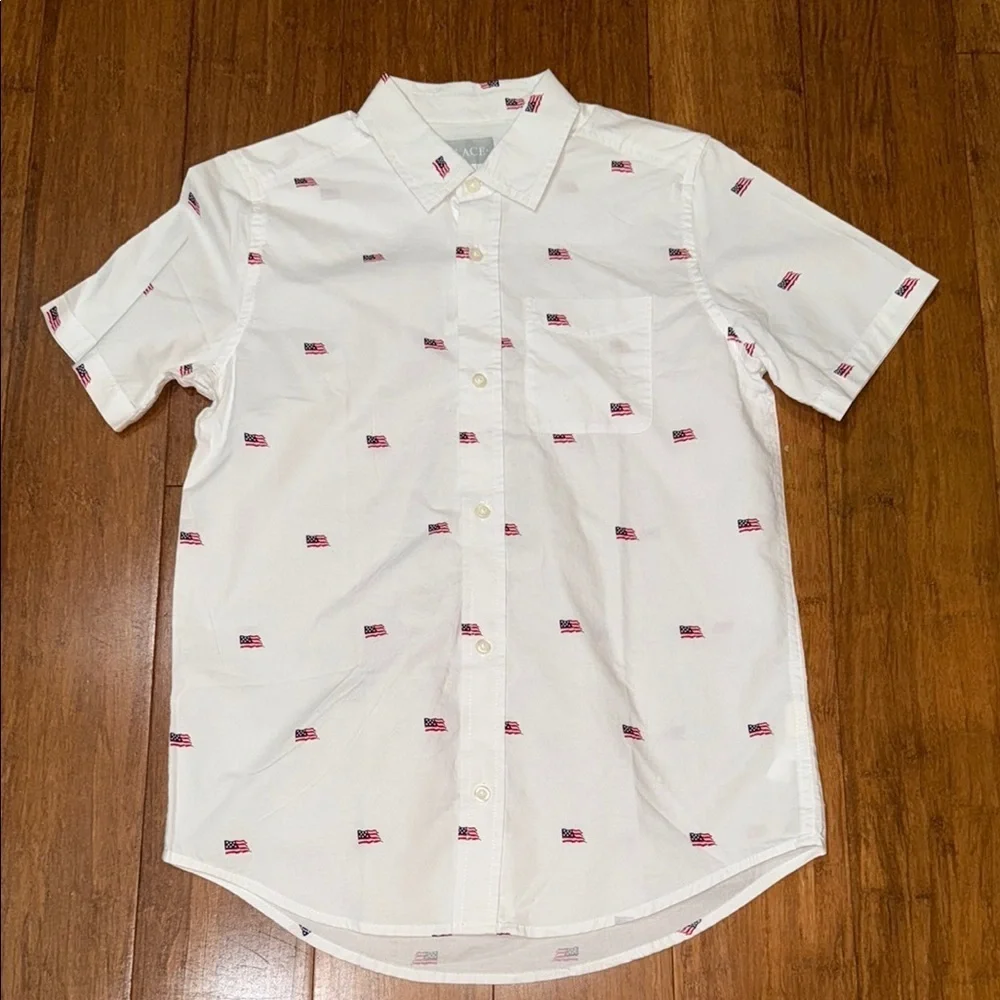 Children’s Place American flag boys short sleeve button-down Oxford shirt XL NWT